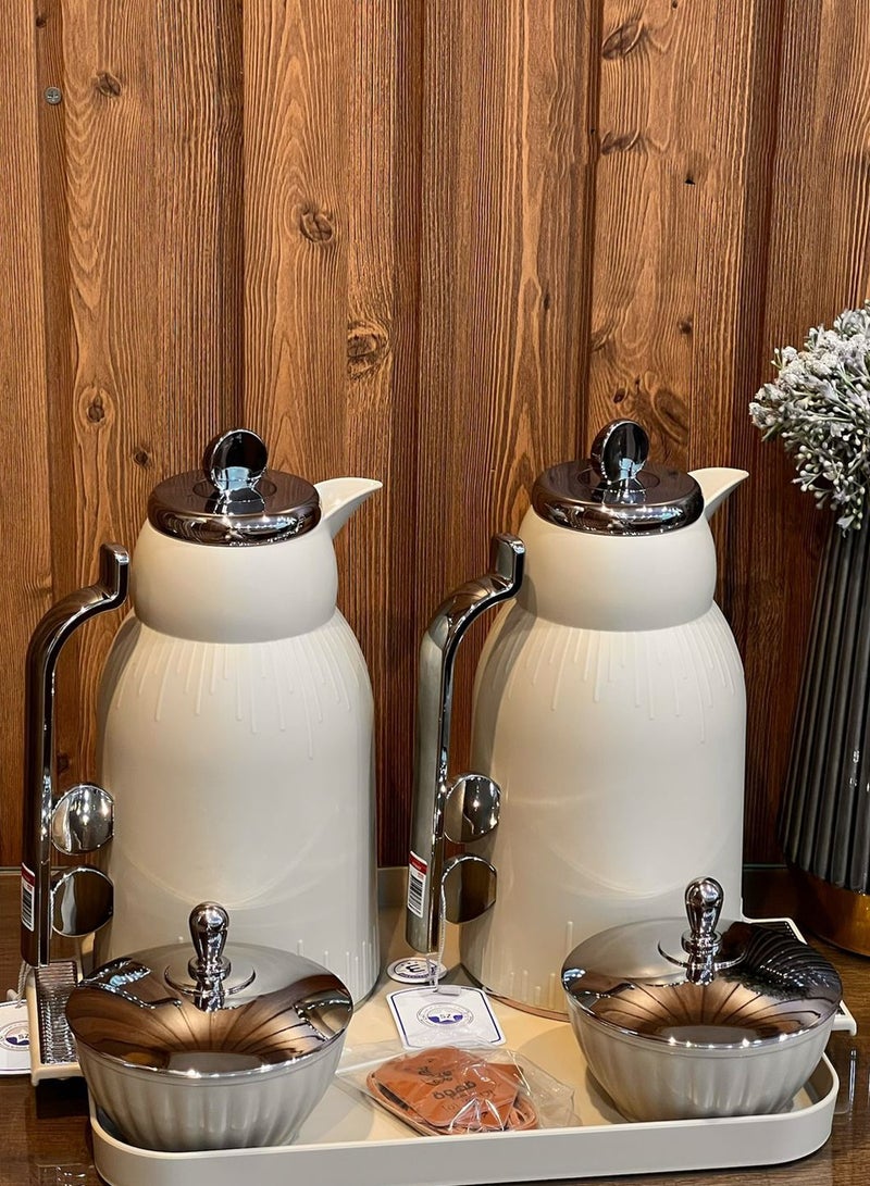 لوفر طقم ترامس شاي وقهوة فاخر بتصميم عصري أنيق – 2 ترمس مع صينية وعلب تقديم بغطاء – لمسة فخامة للضيافة - Image 1